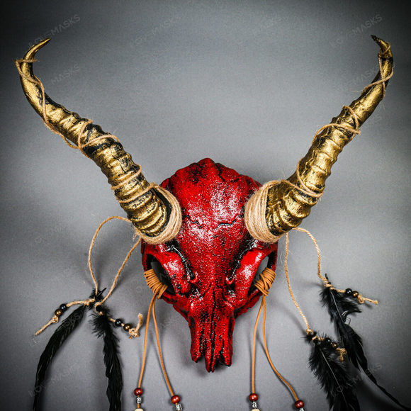 Antelope Devil Animal Skull with Gold Impala Horns Masquerade Mask - Bloody Red - Picture 1 of 10
